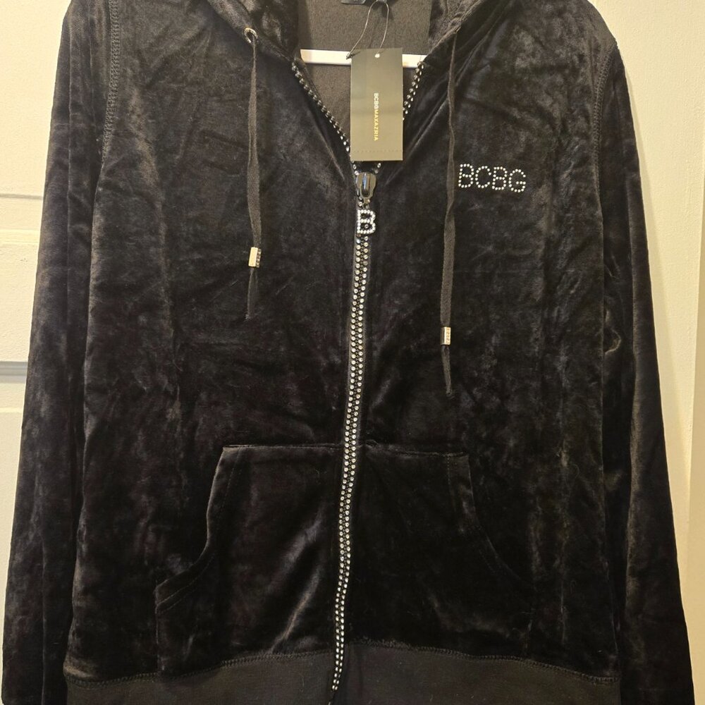 NWT BCBG MAXAZRIA Black Velour Zip-Up Hoodie & Capris Set Women's Size XLARGE